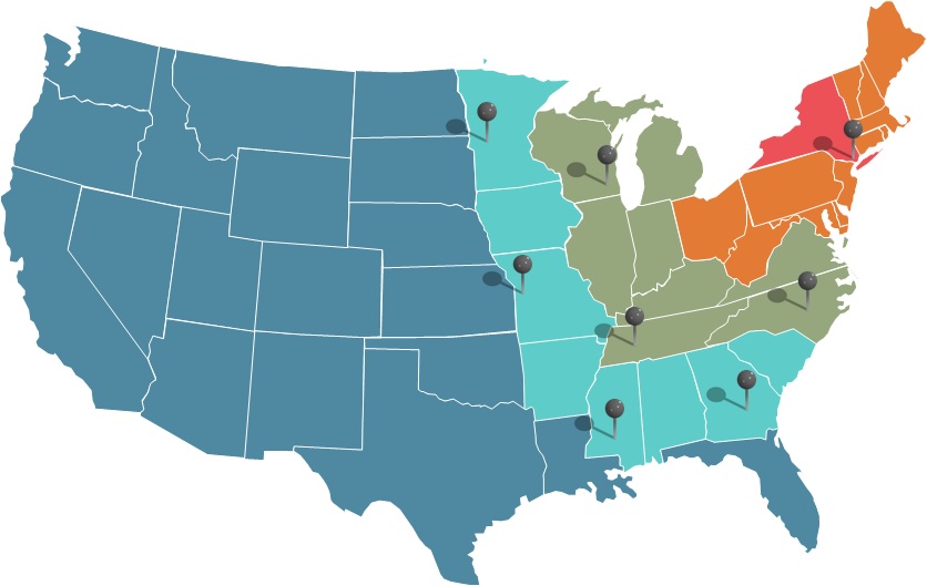 graphic depicting the United States with pins across a wide area of the country