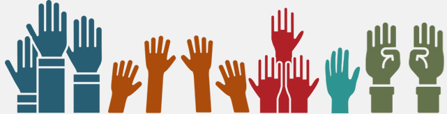 coloful hands raised representing volunteers